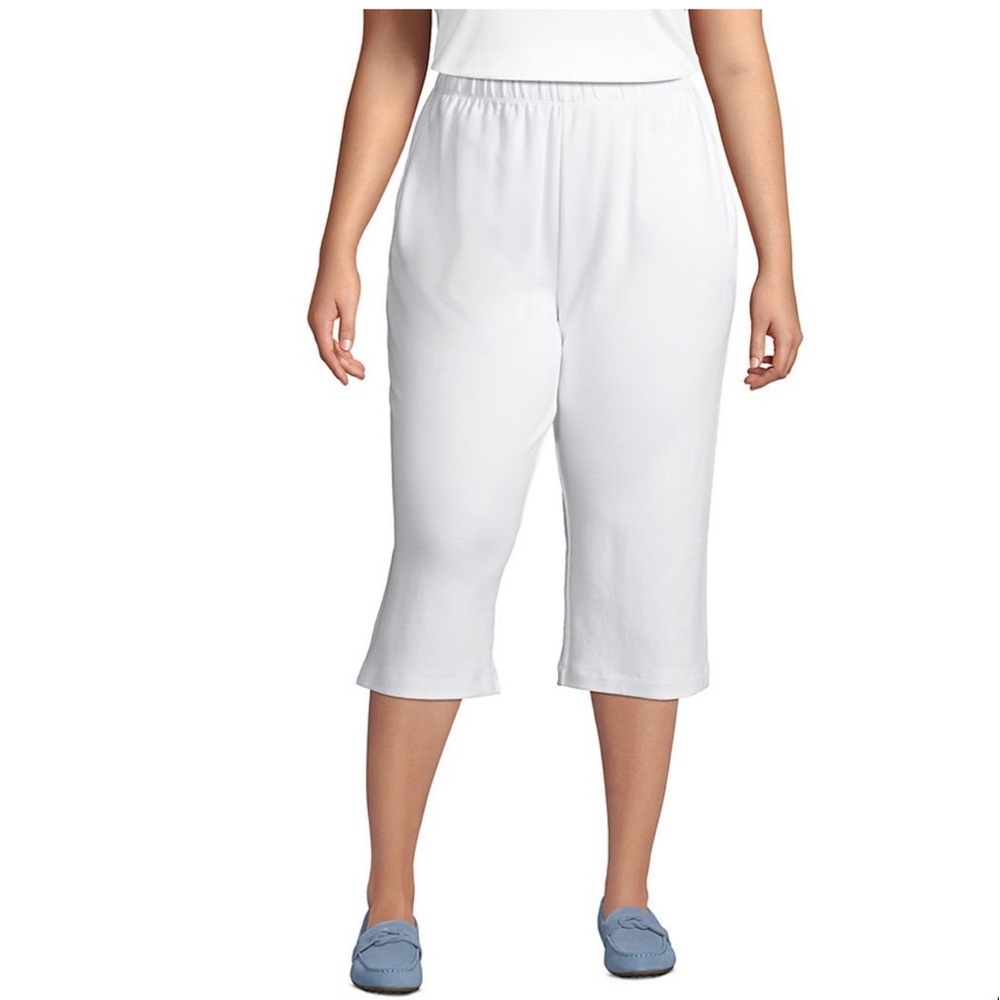 Lands End Women's Plus Size Sport Knit High Rise Elastic Waist Capri Pants White